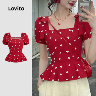 Lovito เสื้อเบลาส์น่ารักแบบผูกเชือก สีแดง สำหรับผู้หญิง เหมา…
