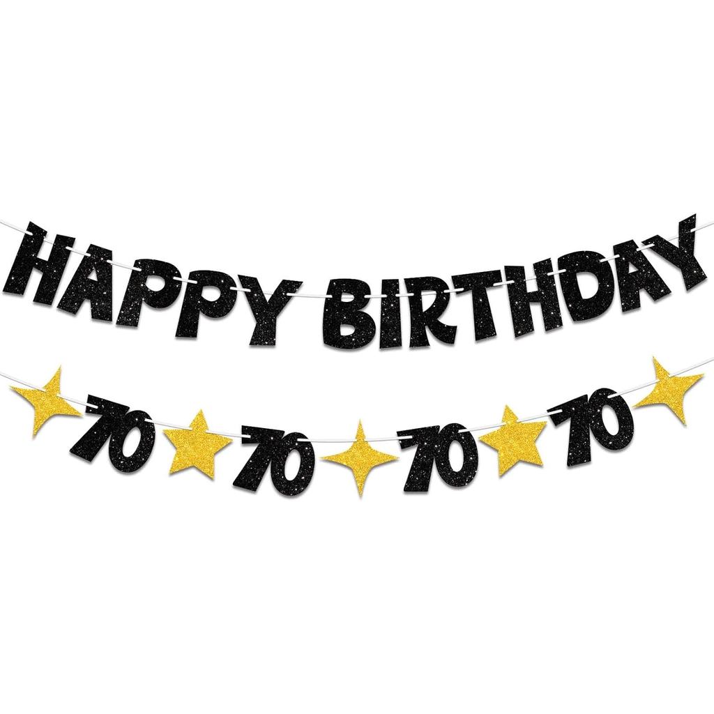 Black Gold Happy 70th Birthday Banner-Happy 70th Birthday ตกแต่งผู้หญิงผู้ชาย,Glitte 70 Birthday Par