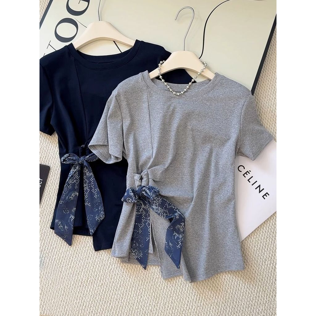 เสื้อ cod Lace-Up ของแท้20262025เกาหลีด้านข้าง Laced-Up cod สไตล์ใหม่ t ผู้หญิงบางแขนสั้นรอบคอไหล่ฤด