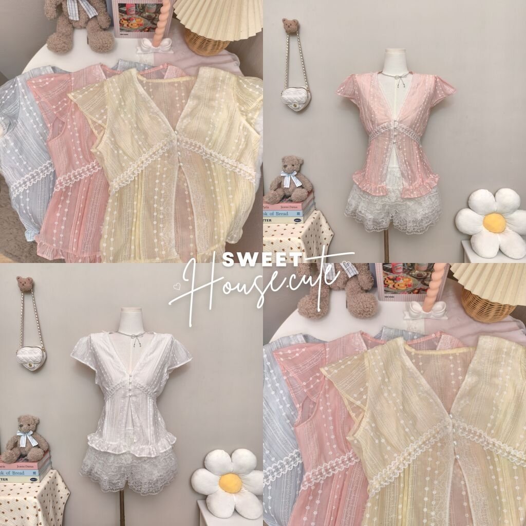 🧸 SweetHouse #704 🌻 เสื้อคอวีผ้า Rossy (ผ้าบาง) ผ่าหน้าแต่งระบายลูกไม้ + กางเกงลูกไม้ระบาย 3 ชั้น