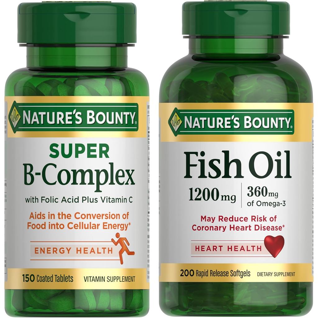 Natures Bounty Energy & Heart Health Bundle: er B Complex Vitamins with Vitamin C & Folic Acid (150 