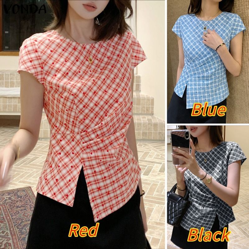 VONDA เสื้อลายพิมพ์สำหรับผู้หญิง สไตล์เกาหลี คอกลม แขนสั้น ขอบตัดไม่สม่ำเสมอ — صورة 3