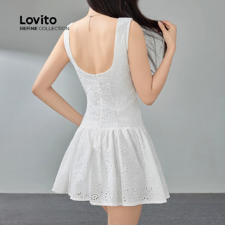 (Trendy) (Lovito Refine) ชุดลําลอง ชุดเดรสเย็บปักถักร้อยตาไก…