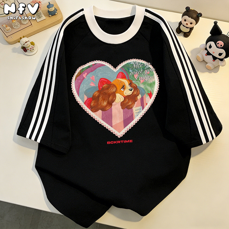 (จัดส่งตลอด 24 ชั่วโมง) NFV เสื้อยืดเกาหลี แขนสั้น นุ่ม ใส่สบาย ลายลูกสุนัขหัวใจ YG507