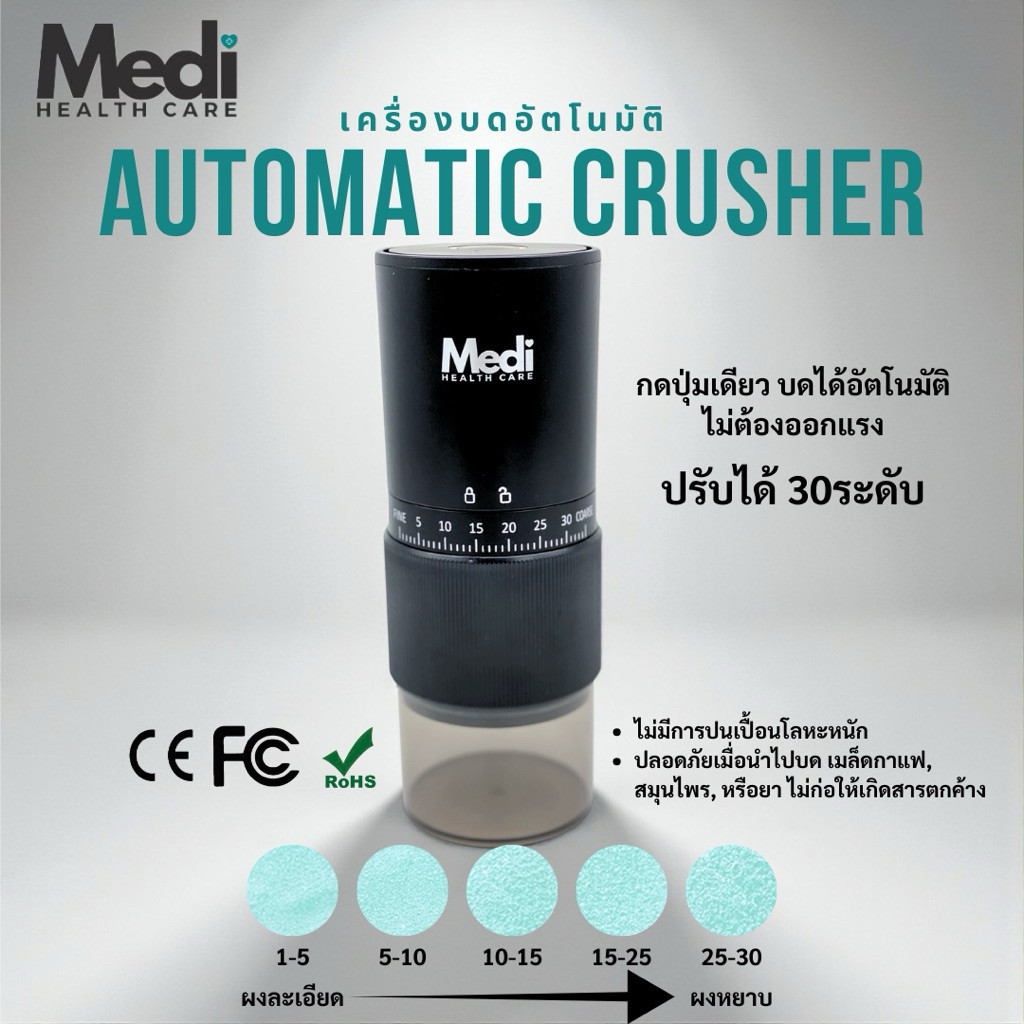 Medi ที่บดยาอัตโนมัติ ปรับความละเอียดได้ 30 ระดับ ใช้ง่ายในปุ่มเดียว บดได้ทั้งกาแฟ สมุนไพร ยา พรีเมียม