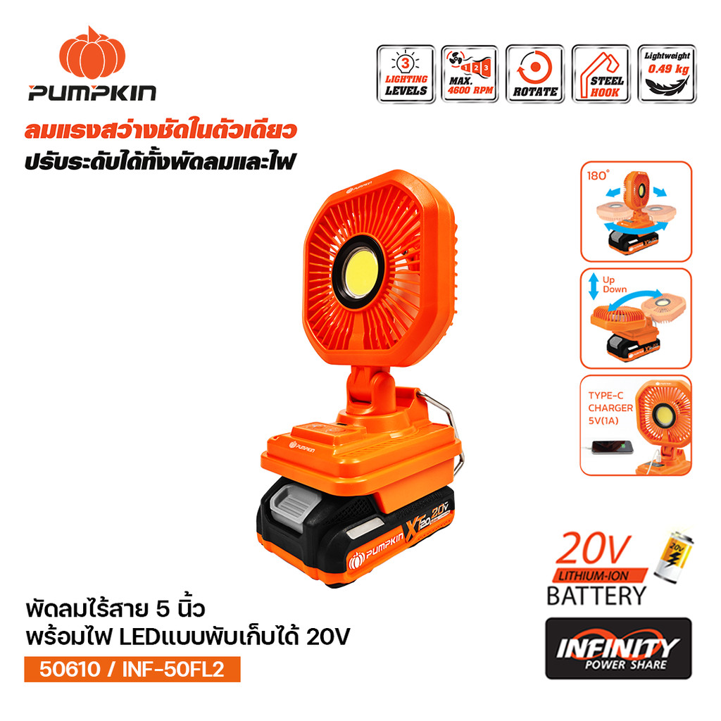 PUMPKIN INF-XT20 20V พัดลม 5 นิ้ว ไร้สาย พร้อมไฟส่องสว่าง แบบพับเก็บได้/50609-50610