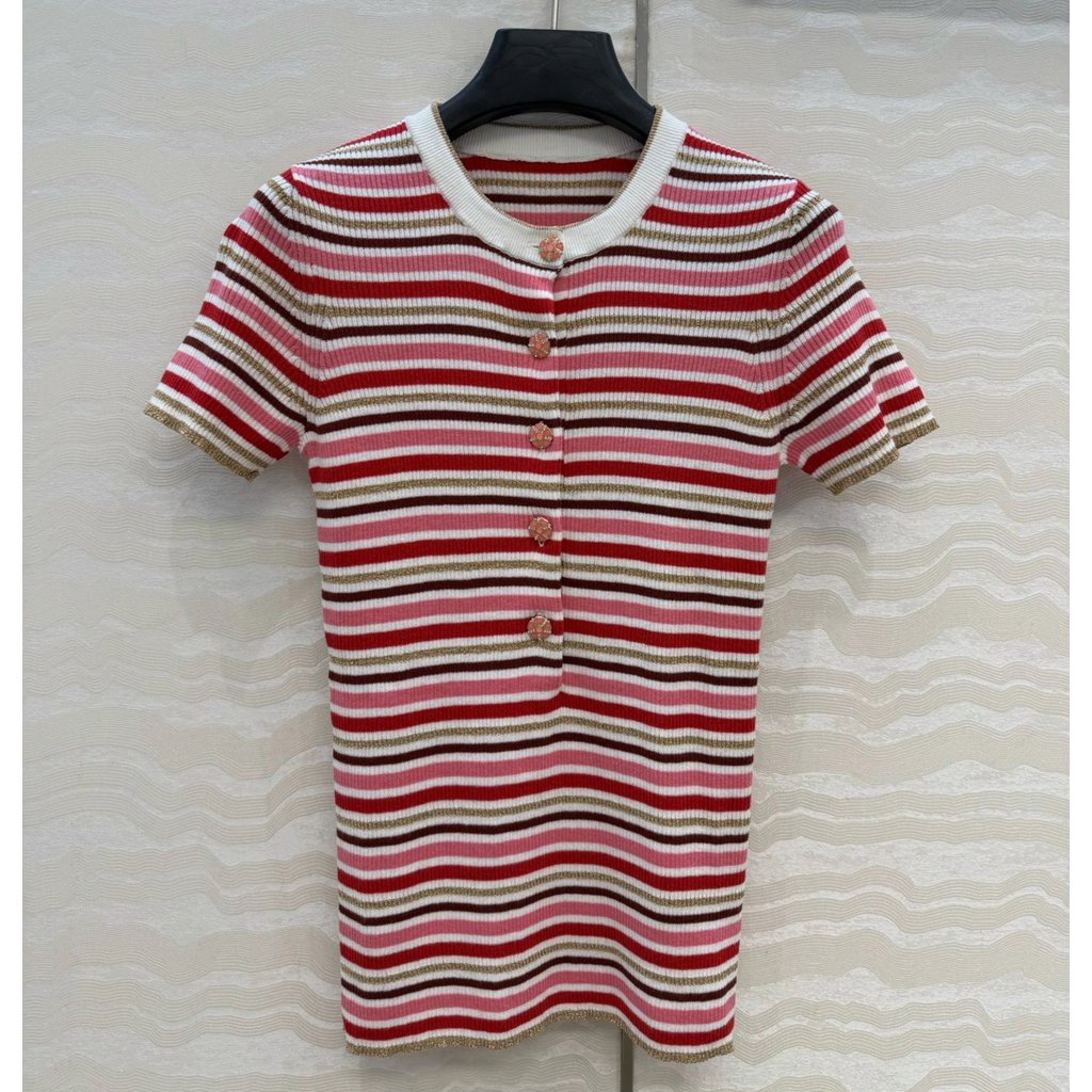 เสื้อเชิ้ตแขนสั้น Komatsu Nana ลายทางสีชมพูสีทอง แบบเรโทรสำหรับทุกวัย ขนาด 36-40 พร้อมงานเย็บมาตรฐาน