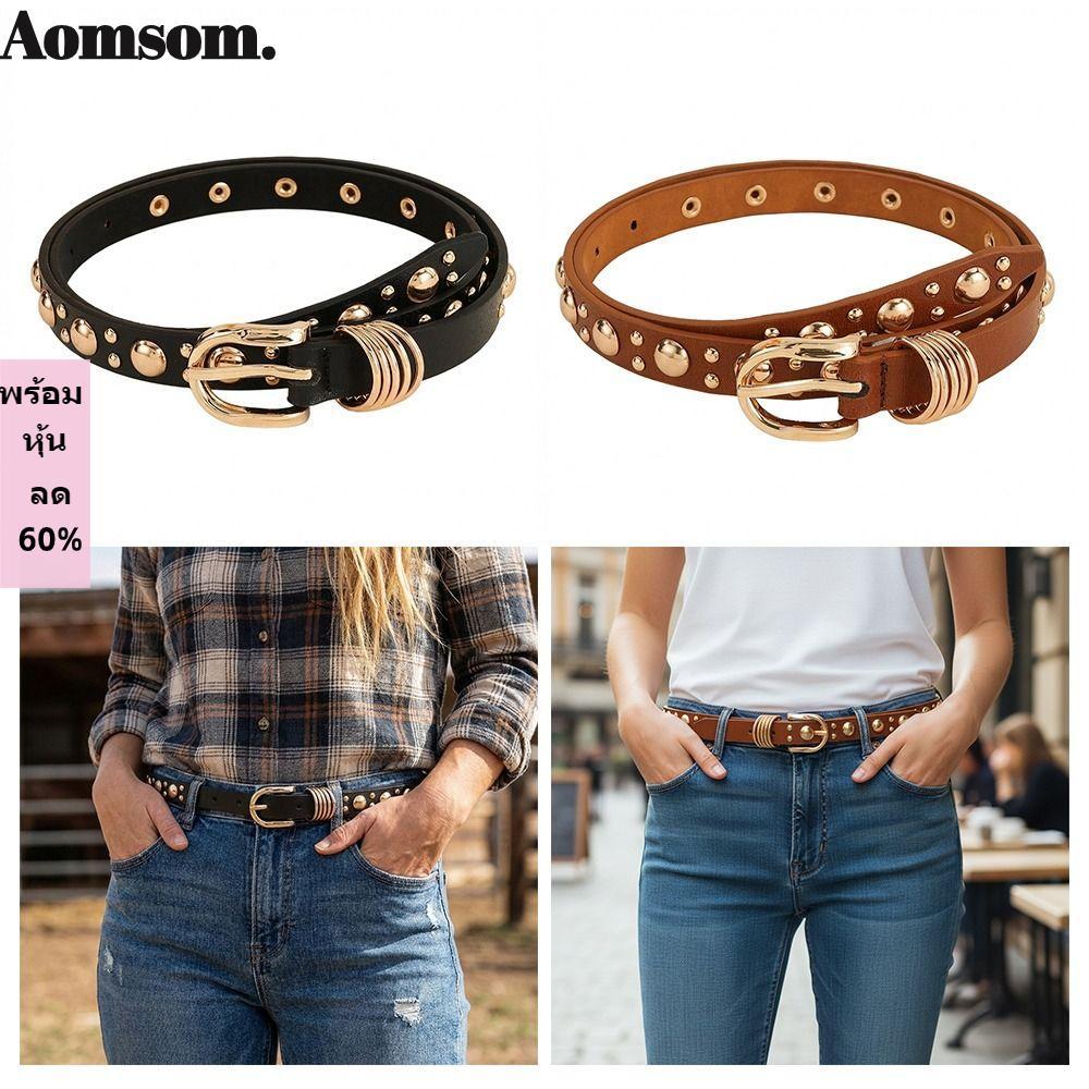 AOMSOM Rivet Heavy Metal Belt, Thin Pu Leather Inlaid Gold Mushroom Stud Belt, Punk Style Metal Buck
