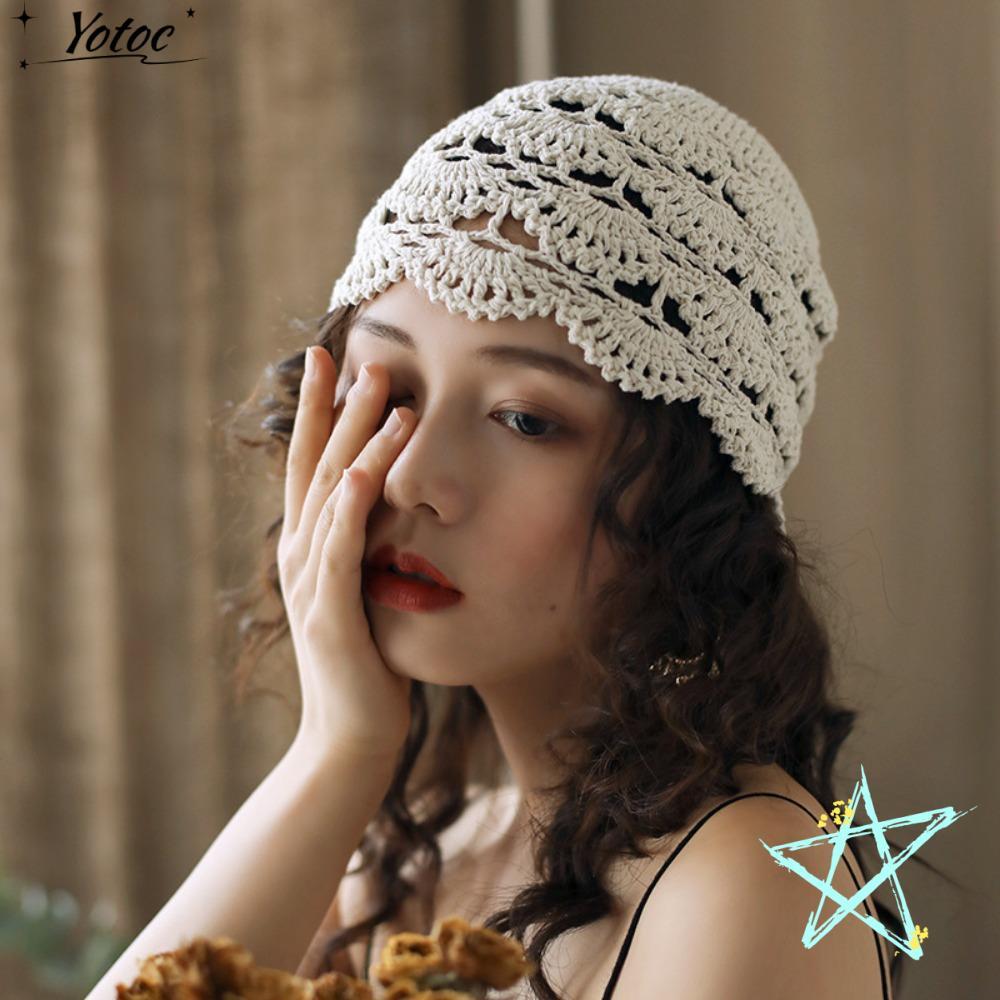 หมวกโครเชต์งานฝีมือแบบย้อนยุคสำหรับใส่ลำลอง พร้อมลวดลายดอกไม้และตาข่าย delicate สำหรับผู้หญิง