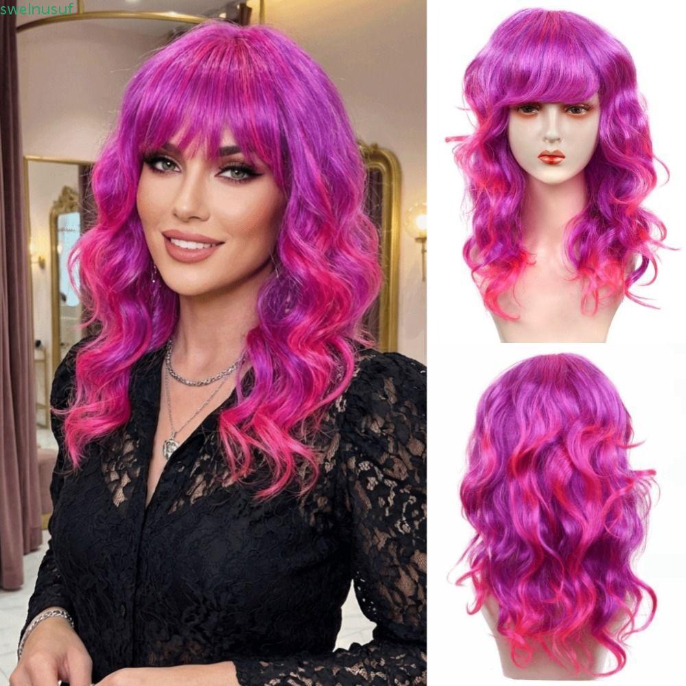 วิกผมหยักศกสังเคราะห์สีม่วงสีชมพูombre ทนความร้อน สำหรับคอสเพลย์และแฟชั่น