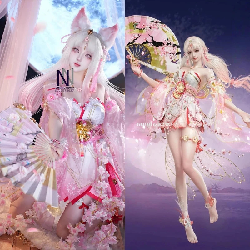 ชุดคอสเพลย์ Cherry Blossom Celestial Maiden จากเกม Naraka: Bladepoint ชุดอนิเมะ Kurimi สีชมพูสำหรับผู้หญิง