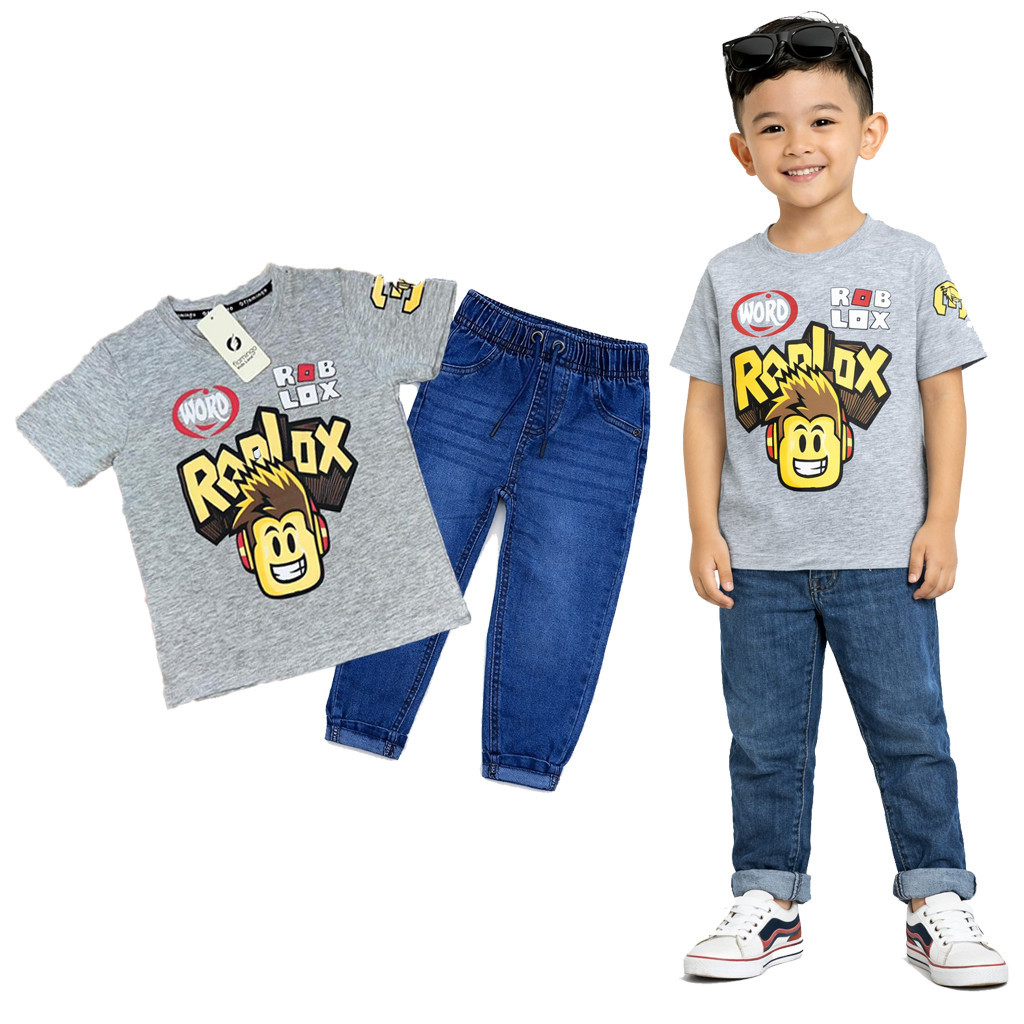 (6M-7Y) GREY Boys Ro-Blox Shirt and Jeans Set ชุดยีนส์เด็ก/ชุดยีนส์เด็ก
