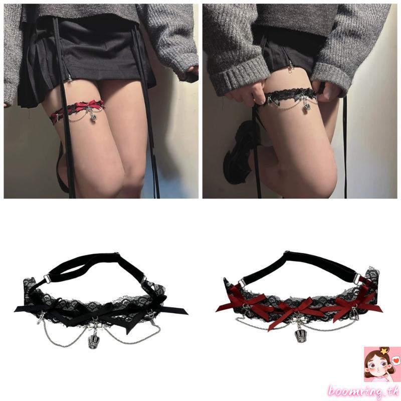 Boom Unique Gothic ลูกไม้ขาสายรัดปรับได้สําหรับผู้หญิง Bowknot Chain ยืดหยุ่นต้นขา Garter เข็มขัด Party W