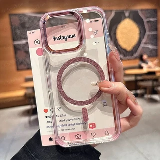 เคสโทรศัพท์โปร่งใสสำหรับ iPhone 15 14 13 12 11 16 17 Pro Max Plus ปกป้องกล้อง กันกระแทก ฝาหลังแข็ง พร้อมสีตัดกันชัดเจน กันตก และชาร์จไร้สายแบบแม่เหล็กพร้อมกลิตเตอร์
