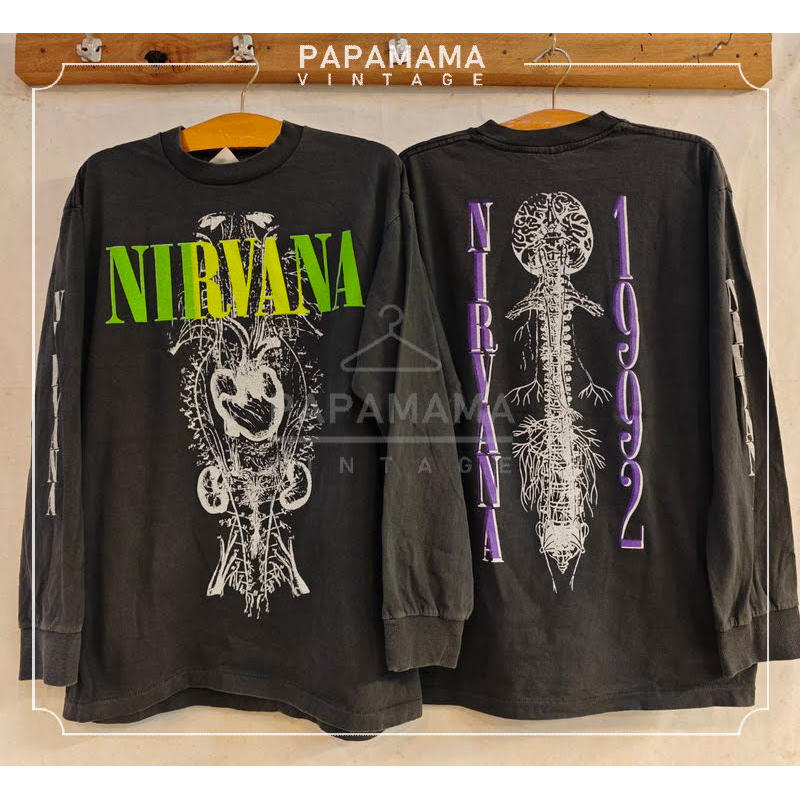 NIRVANA 1992 Tour Bio Washed long Sleeve เสื้อวินเทจ เสื้อทัวร์ วงร๊อค papamama vintage shirt