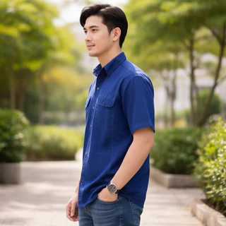 เสื้อเชิ๊ตม่อฮ่อมแบบดั้งเดิม คอปก กระดุมธรรมดา 4 กระเป๋า (ไม่มีฝาปิด / มีฝาปิดกระเป๋า)