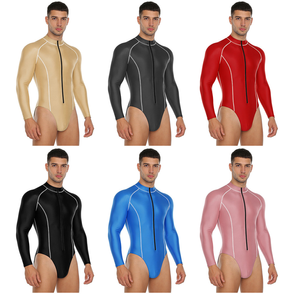 Xnihocha Mens Glossy บอดี้สูทชายคอยาวแขนยาวซิปด้านหน้า Leotard Jumpsuit Rash Guard สําหรับชายหาดท่อง