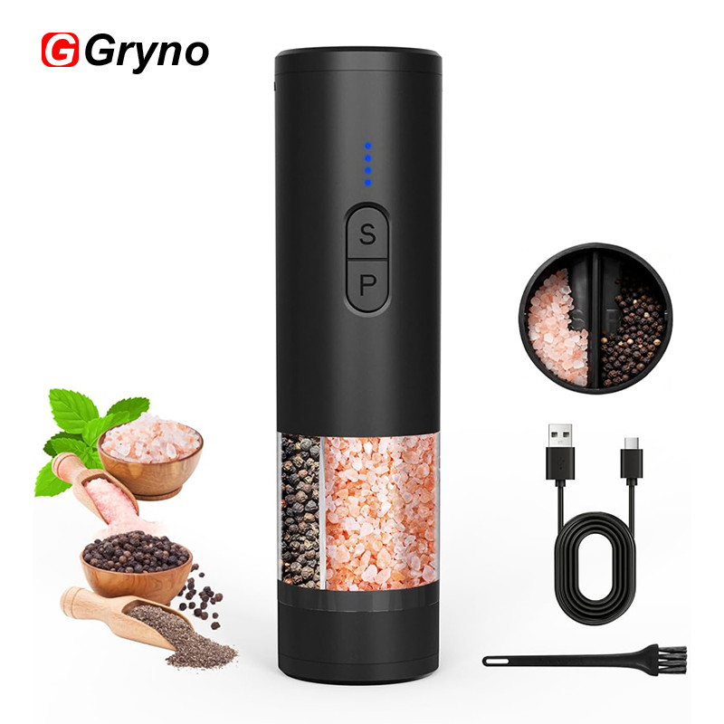 Gryno เครื่องบดเกลือและพริกไทยไฟฟ้า 2 ใน 1,แบบชาร์จไฟได้ ,200มล ความจุขนาดใหญ่, หยาบที่ปรับได้, สําหรับห้องครัว