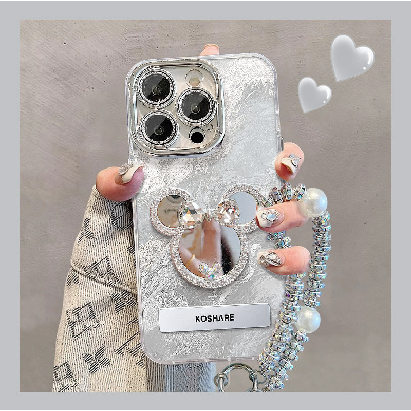 9 ️ ⃣ Mickey Mirror Holder Chain เหมาะสําหรับ Apple 16 Phone Case 15PRO Tinfoil Pattern 17 Lens Film