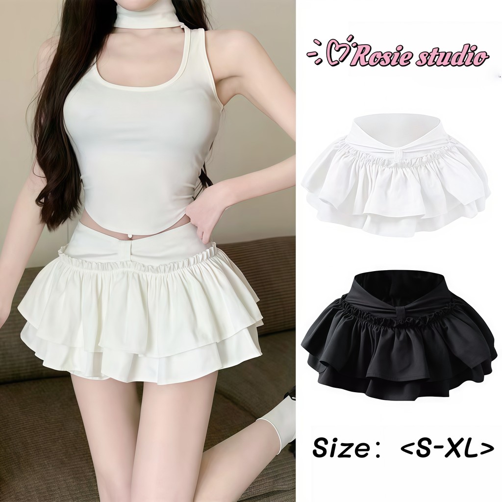 Rosie🦄พร้อมส่ง✨กระโปรงทรงเค้กสีขาวเอวสูง กระโปรงทรงเอ  ดีเทลเว้าติดโปร์ใหญ่ กระโปรงบัลเล่ต์น่ารัก สไตล์เวียดนาม Y2K