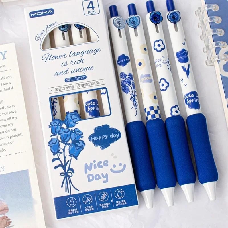 4ชิ้นดอกไม้เจลปากกาชุดแห้งเร็วเรียบสีดําหมึกปากกานักเรียนสไตล์ย้อนยุคเขียนเครื่องเขียน