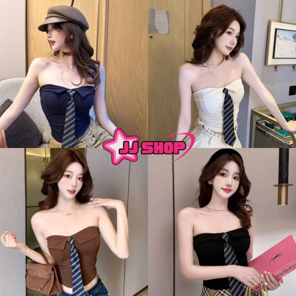 JJ Shop​💜พร้อมส่ง เสื้อเกาะอกน่ารักมาก เสริมฟองน้ำ ดีเทลแต่งเนคไท สีพื้นสไตล์สาวจีน "FY5608"