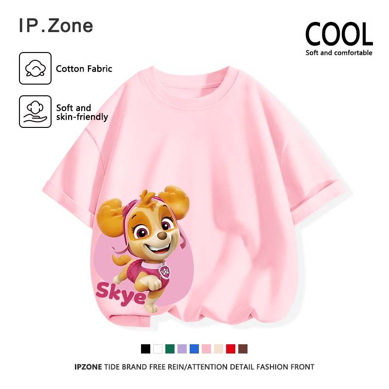 เสื้อยืดเด็กผู้หญิง คอกลม ผ้าฝ้ายแท้ ใส่สบาย นุ่ม PAW Patrol Skye ลายพิมพ์การ์ตูนน่ารัก มี 9 สี ระบายอากาศได้