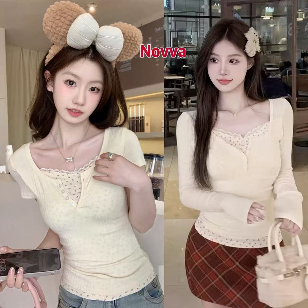 เสื้อยืดแขนสั้นลายดอกไม้  คอกลม ดีไซน์ 2ชั้น เสื้อยืดผู้หญิง ใส่สบาย สาวอวบใส่ได้ Novva