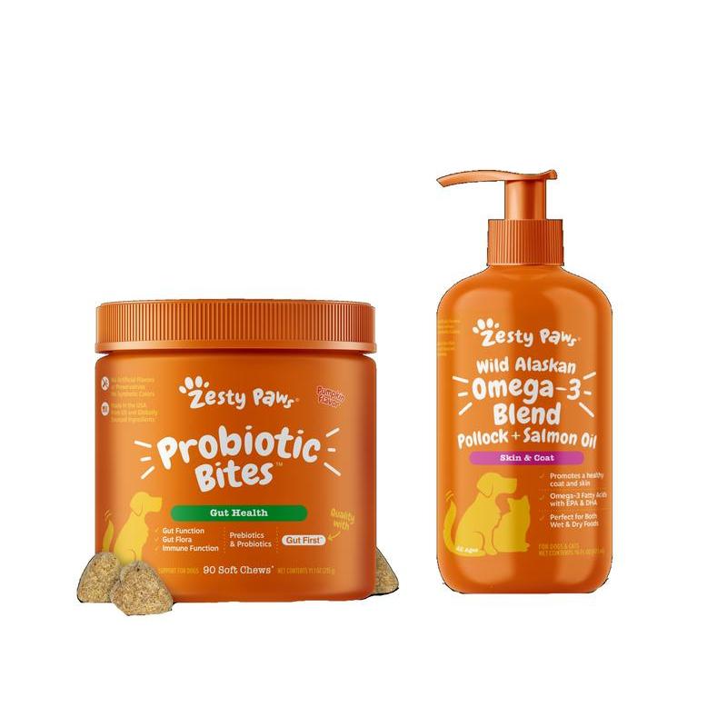 Zesty Paws Gut and Duo Bundle - น้ํามันปลาแซลมอน 16oz + 90 Probiotic Bites - เพิ่มการย่อยอาหารและสุข