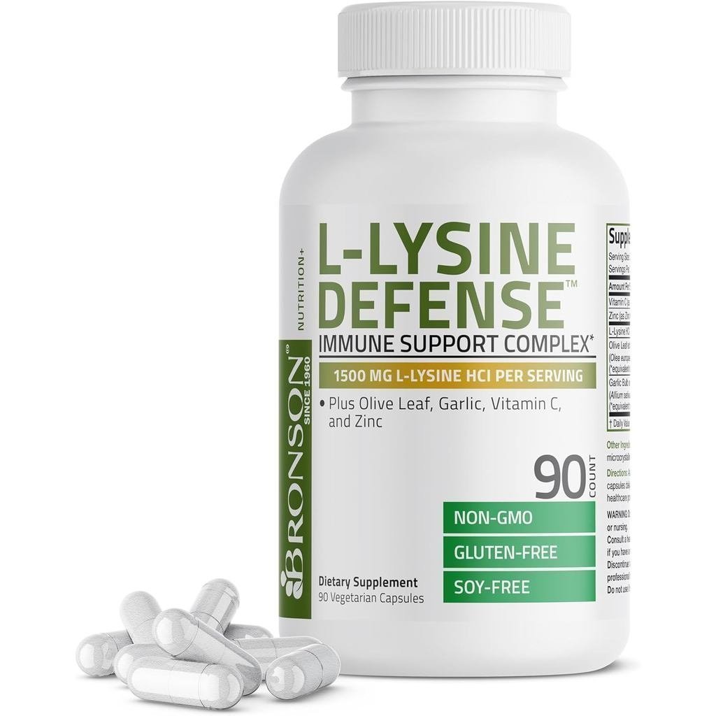 Bronson L-Lysine เพิ่มภูมิคุ้มกัน ประกอบด้วย Olive Leaf, กะหล่ำปลี, Vitamin C และ Zn - 90 แคปซูลมังส