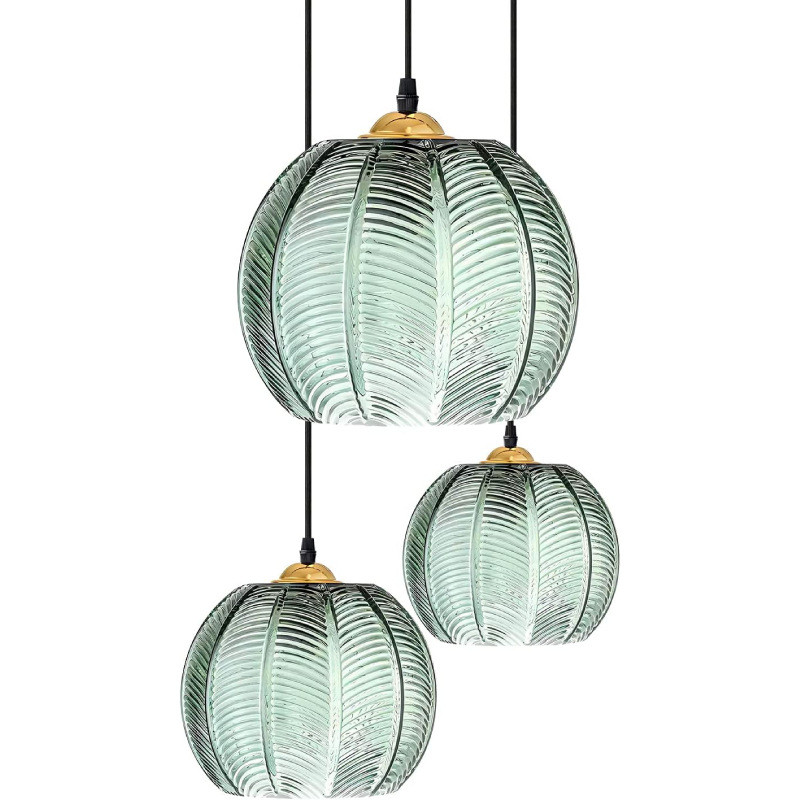 3Modern Green Striped Glass Pendant Light Green Pumpkin Pendant Light Suitable for Kitchen Living Ro