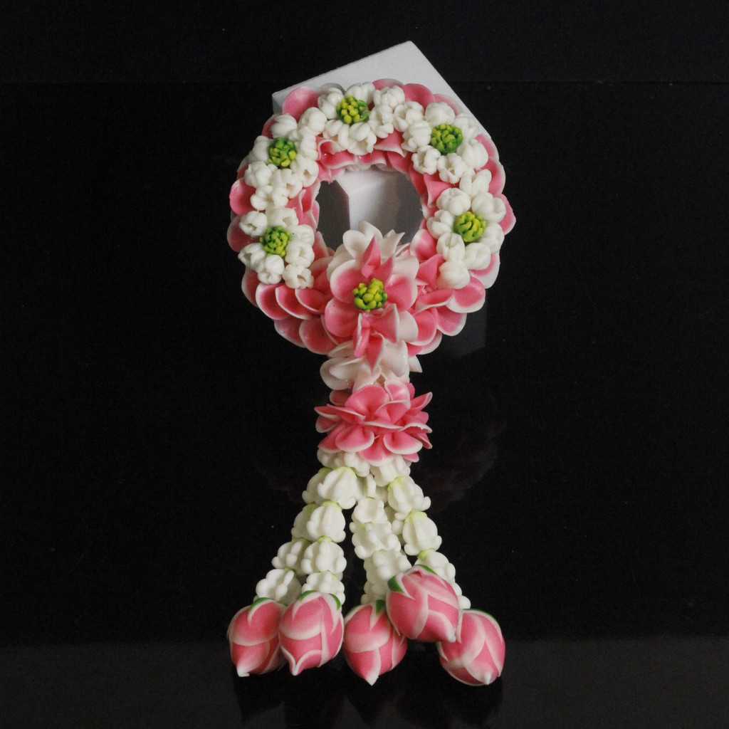 พวงมาลัยเต็มมือ 5" มะลิ/กลีบกุหลาบสีชมพูงานดินปั้น บูชาพระสิ่งษักดิ์สิทธิ์