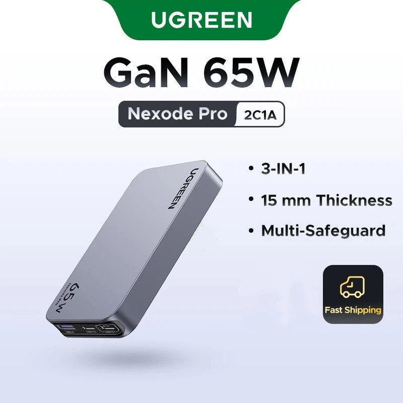 UGREEN GaN 65W Ultra-thin Fast Charger Adapter 3-Port GaN Compact Fast PPS Wall Charger สําหรับโทรศัพท์ Steam Deck ราคา ถูกที่สุด ดีลบีเคเค