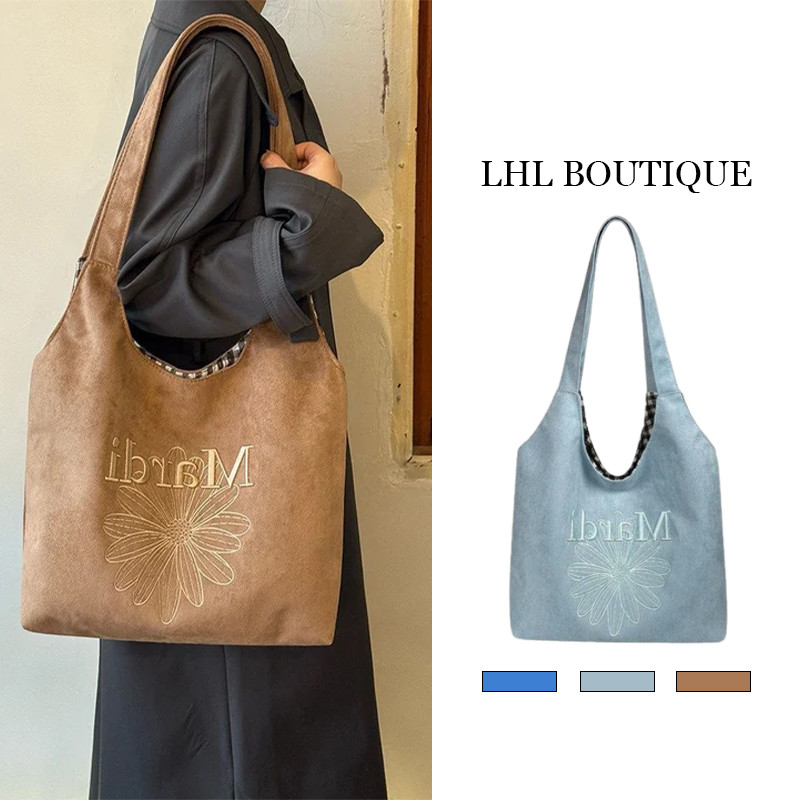 LHL BOUTIQUE  กระเป๋าสะพายหนังสuedeสไตล์มินิมอลเรโทร มีลายปัก ใช้งานได้ทั้งแฟชั่นและสำหรับคนเดินทาง
