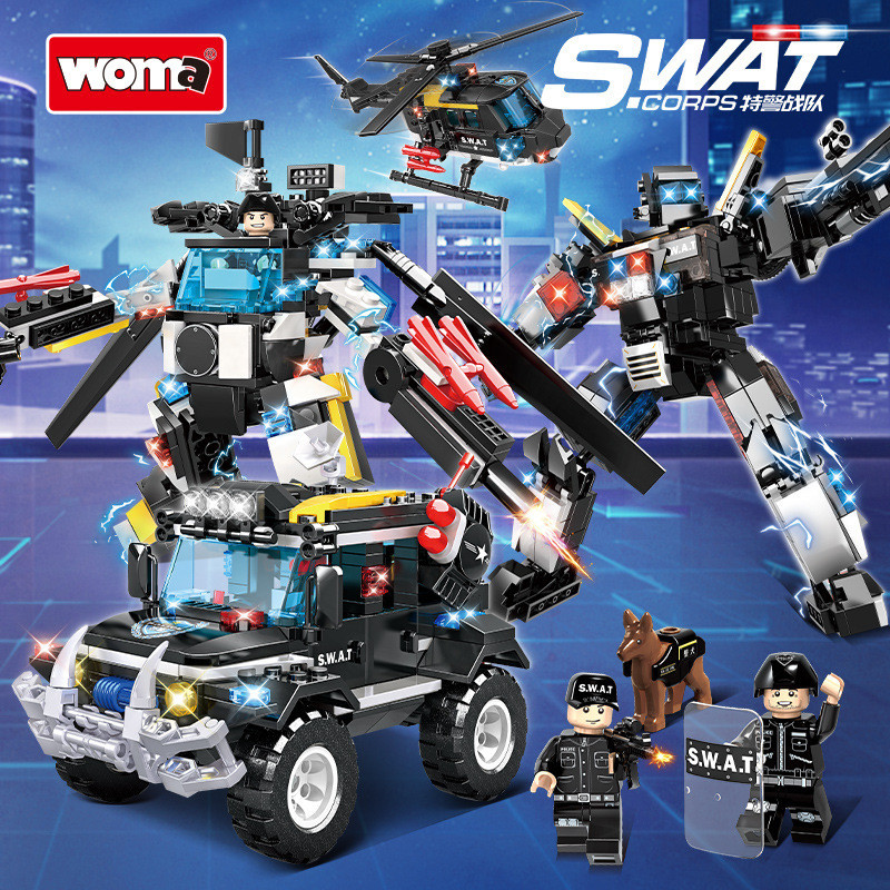 Woma Building Blocks SWAT Team Armed Helicopter Patrol รถตํารวจของเล่นรุ่นประกอบอนุภาคขนาดเล็กของขวั