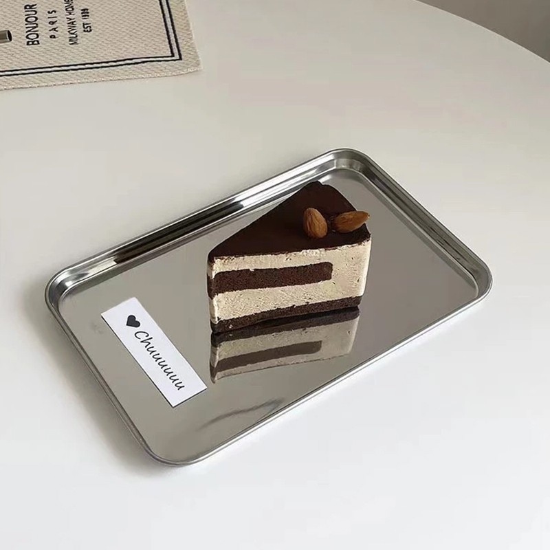 SUNNY ถาดสเตนเลส ins ทรงสี่เหลี่ยม ถาดขนม ถาด จาน ถาดหลุมสแตนเลส สําหรับใส่ขนมหวาน เค้ก คาเฟ่ - รูปที่ 6