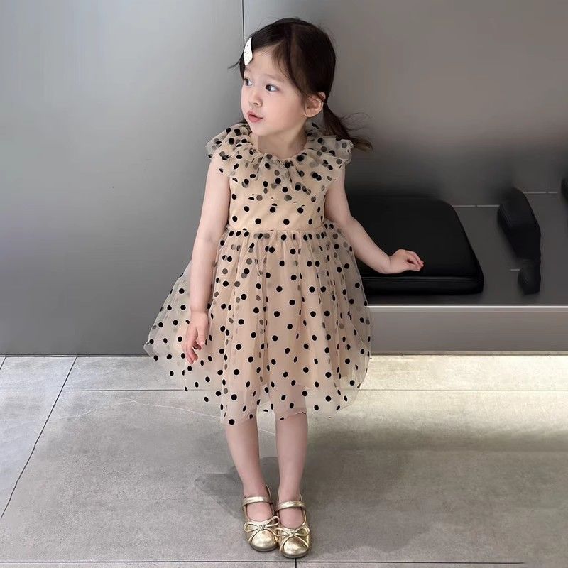 2026แฟชั่น2026เสื้อผ้าเด็กเกาหลี2024ฤดูร้อนสไตล์ใหม่แอปริคอทลูกไม้ปกลายจุดชุดสาวผ้ากอซปุยชุดเจ้าหญิง