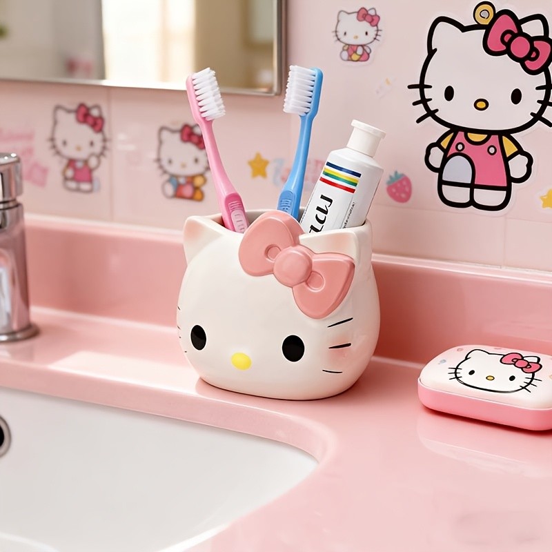 Sanrio Hello Kitty ห้องน้ําออกแบบการ์ตูนน่ารัก Bow Heart Cutouts อิสระผู้ถือแปรงสีฟันเครื่องจ่ายยาสีฟันแปรงแต่งหน้าพลาสติกทนทาน VECI_B666