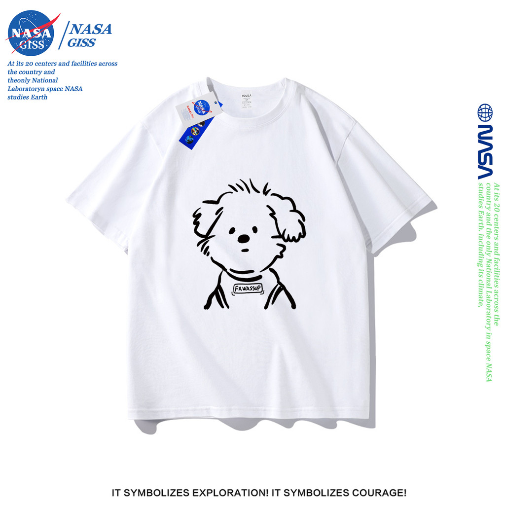 NASA เสื้อยืดชายหญิงแขนสั้น สไตล์ลำลอง summer ลูกสุนัข พิมพ์ลาย คอตตอน คอกลม หลวมและระบายอากาศ