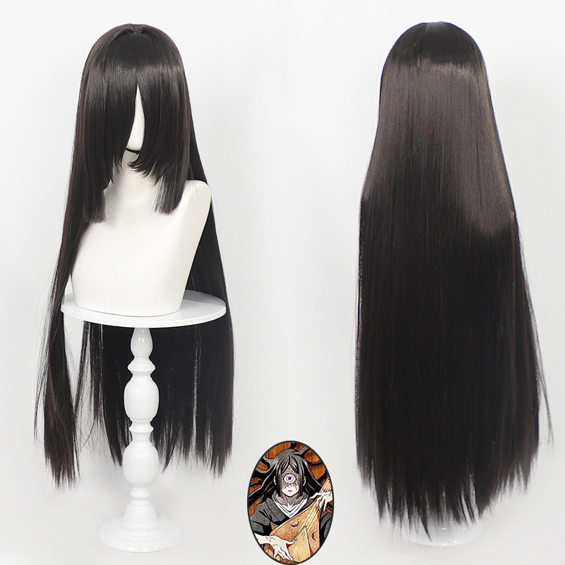 Kimetsu no Yaiba Nakime Cosplay Wig, Biwa Woman Style, Scalp Top Black Long Straight Loose Hair, Ani