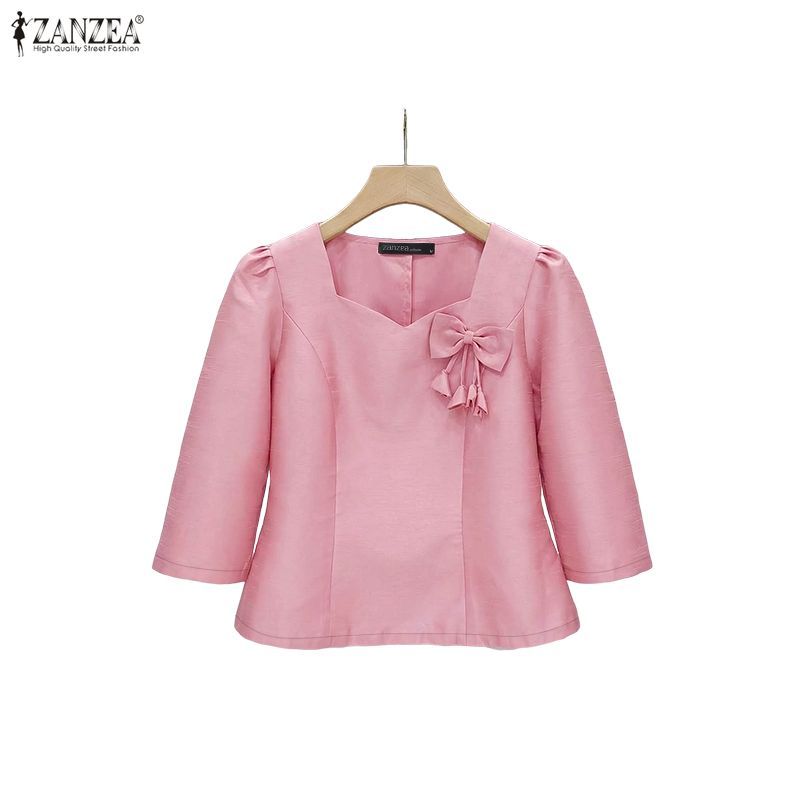 ZANZEA ซานเซีย สวมใส่ง่ายสไตล์เกาหลีสำหรับผู้หญิง คอเหลี่ยมแขนยาว 3/4 มีซิปด้านข้าง ทำจากผ้าซาติน