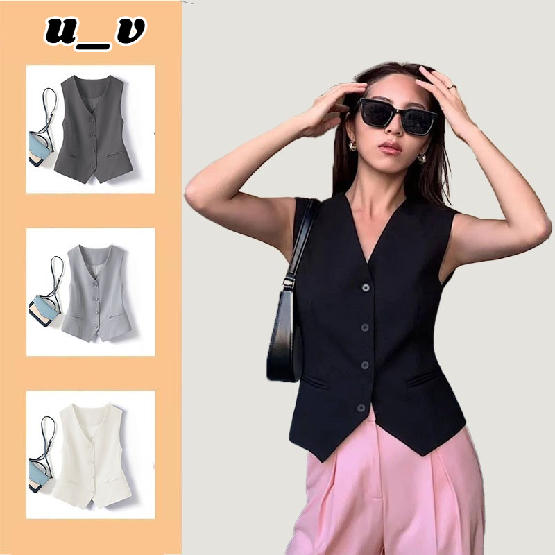 UV✨ส่งไวจากไทย เสื้อกั๊กชุดสูท ย้อนยุค สไตล์สั้น หญิง เวลาว่าง สีดำ เสื้อกล้ามแขนกุด