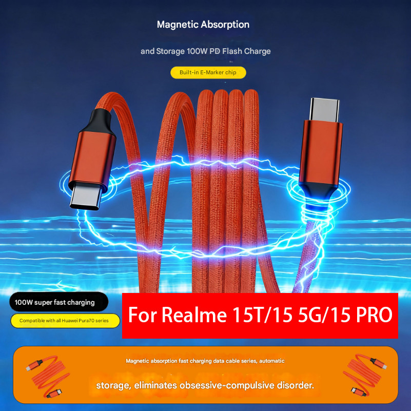 KY58 60W แม่เหล็กดูดซับไนลอนถัก typec ถึง typec สายชาร์จข้อมูลอย่างรวดเร็วสําหรับ Realme 15T 15 5G 1