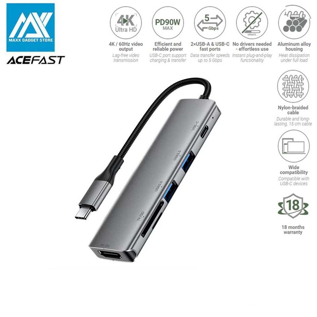 ACEFAST J18 6 in 1 USB-C Hub 4K 60Hz HD PD 90W Docking Station พร้อมช่องเสียบการ์ด SD / TF