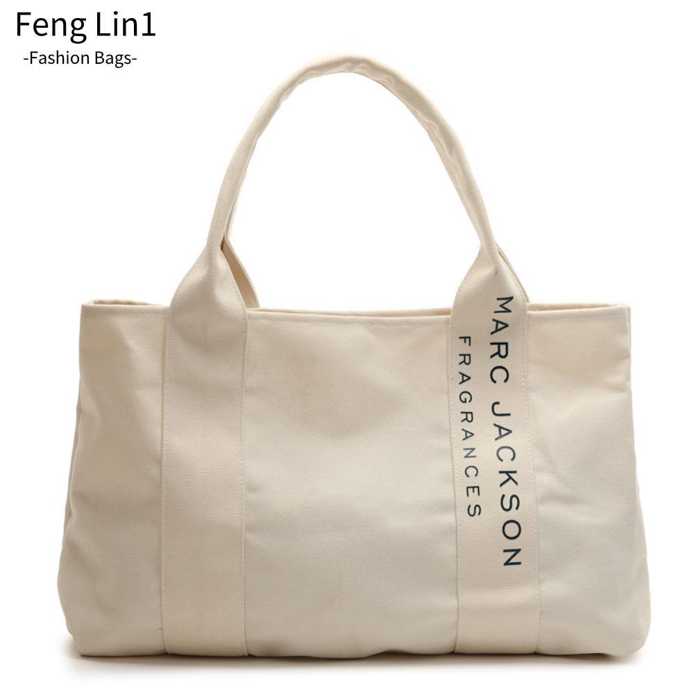 Fengling Letter Fashion Shopping Bag, Canvas Large Canvas Bag, Minimalist White Fabric Shoulder Tote Bag Women