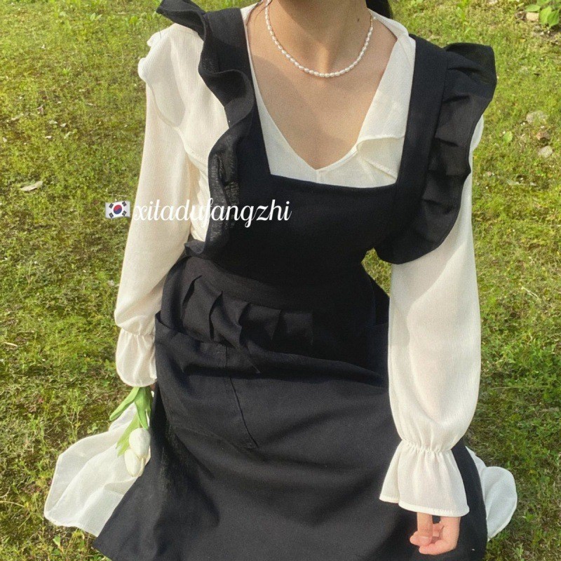 ผ้ากันเปื้อนสดขนาดเล็ก Ruffled Laced-Up Cross สไตล์เกาหลี ins Cafe Nail Shop ดอกไม้ Y5AH