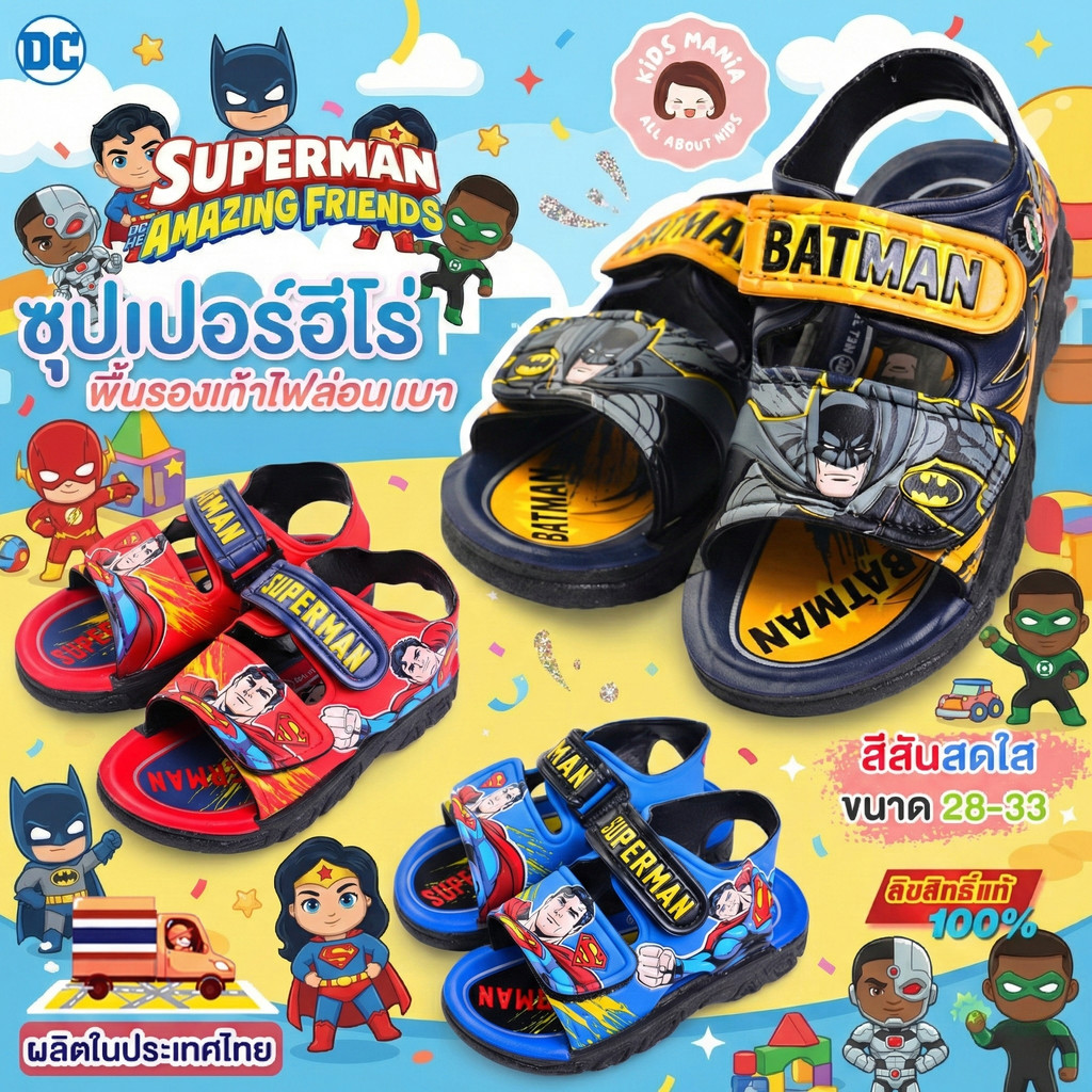 [ลิขสิทธิ์แท้ 100%] รองเท้าแตะเด็ก DC Super Heroes Batman Superman พื้นไฟล่อน นุ่มเบา สีสดใส ไซส์ 28-33 ผลิตในไทย