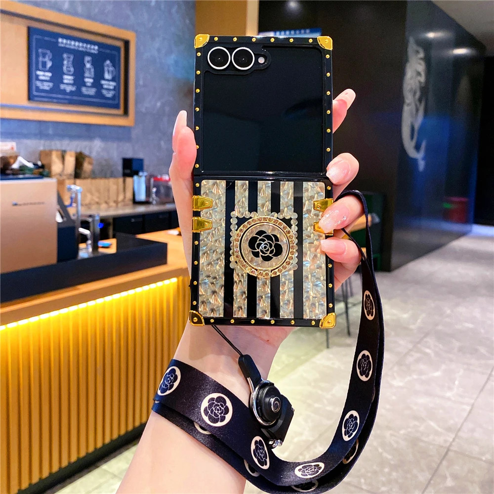 Gold Glitter Retro ดอกไม้ Rose ดอกไม้แหวน Hooder ตารางคอ Lanyard สําหรับ Samsung Galaxy Z Flip 7 FE 