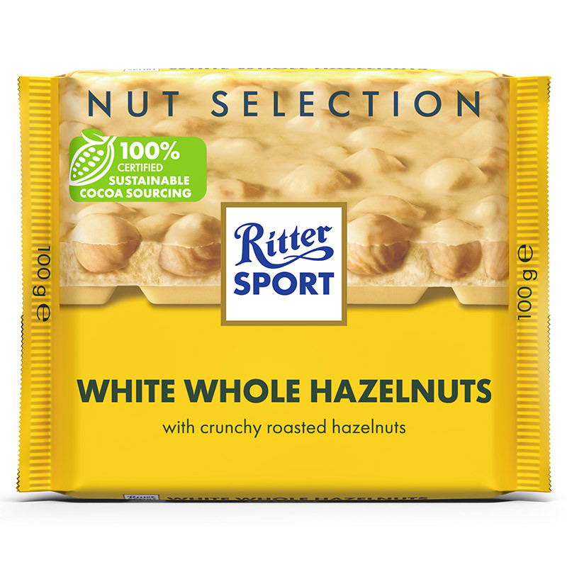 ริทเตอร์สปอร์ตไวท์ช็อกโกแลตผสมเฮเซลนัท 100กรัม Ritter Sport Hazelnut White Chocolate 100g. [บาร์โค้ด 4000417013002]
