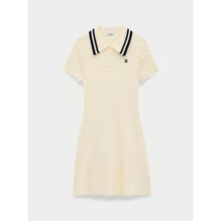 [Pomelo] เดรสโปโลแขนสั้นผ้าถักลายนูนแต่งขอบคอปกสีตัดกัน / Contrast Trim Collar Cable Knit Short Sleeve Polo Dress